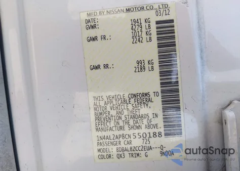 2012 Nissan Altima 2.5 S z USA, uszkodzony, nr VIN 1N4AL2AP8CN550188